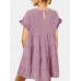 Round Neck Ruffle Button Pleat Short Sleeve Mini Dress