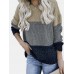 Women Contrast Color Patchwork Round Neck Long Sleeve Knitted Casual Sweater