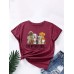 Letters Cartoon Dog Print Women Round Neck T  shirt For Women