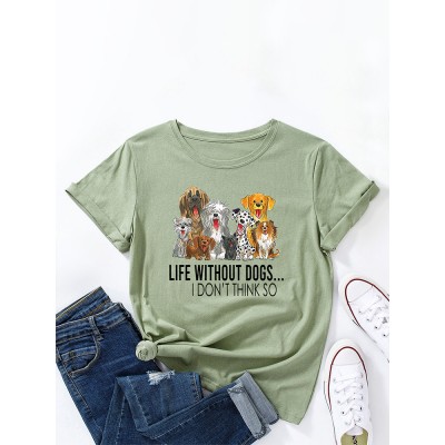 Letters Cartoon Dog Print Women Round Neck T  shirt For Women