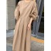 Pleat Solid Puff Sleeve Round Neck Midi Dress